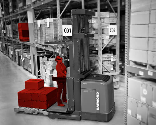 Black and white warehouse graphic with Raymond forklifts and assets on forks highlighted in red. 