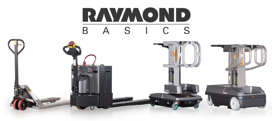 The full line of Raymond Basics products, featuring the Altra Lift hand pallet jack, the LRW35 motorized pallet jack, the SpinGo personnel lifter and the Sprint aerial lift