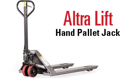 Introducing the Raymond Basics line of affordable warehouse equipment, featuring the Altra Lift Hand Pallet Jack