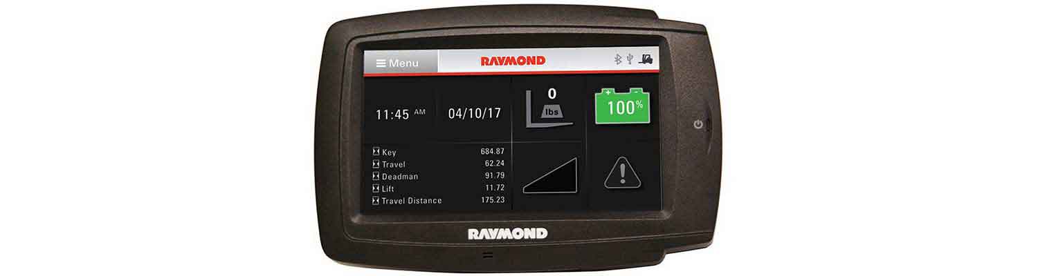 Beauty shot of the integrated technologies and telematics display screen for Raymond reach fork trucks