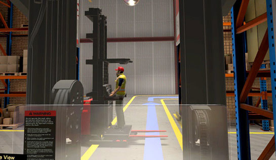 A snapshot from the Raymond virtual reality simulator that shows a warehouse employee operating a forklift