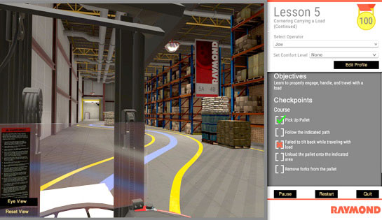The virtual reality simulator features interactive lessons for forklift operator training