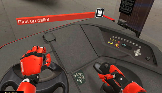 The virtual reality simulator allows forklift operators to see their hands on the forklift controls for a better training experience