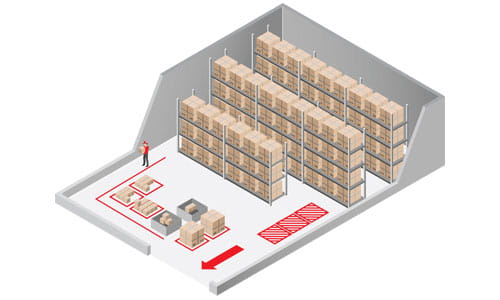 Illustration depicting customized zoning controls and pick path for warehouse distribution center
