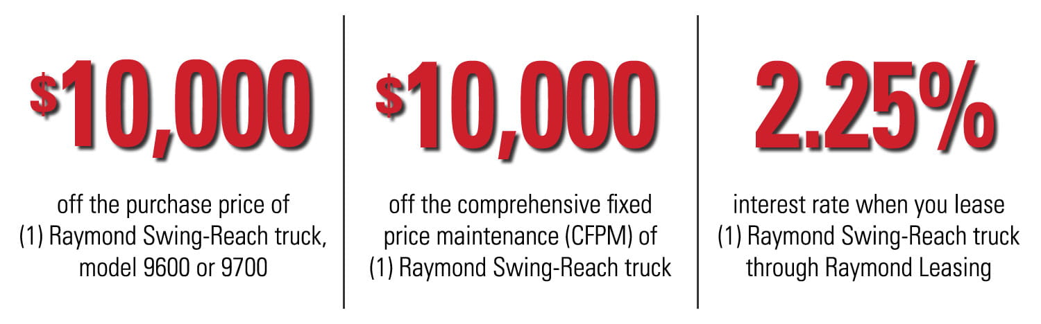 Our Raymond Swing-Reach factory incentives include $10,000 off a new Swing-Reach, $10,000 off the comprehensive fixed price maintenance of a Swing-Reach, and a 2.25% interest rate when you lease a Raymond Swing-Reach truck through Raymond leasing.